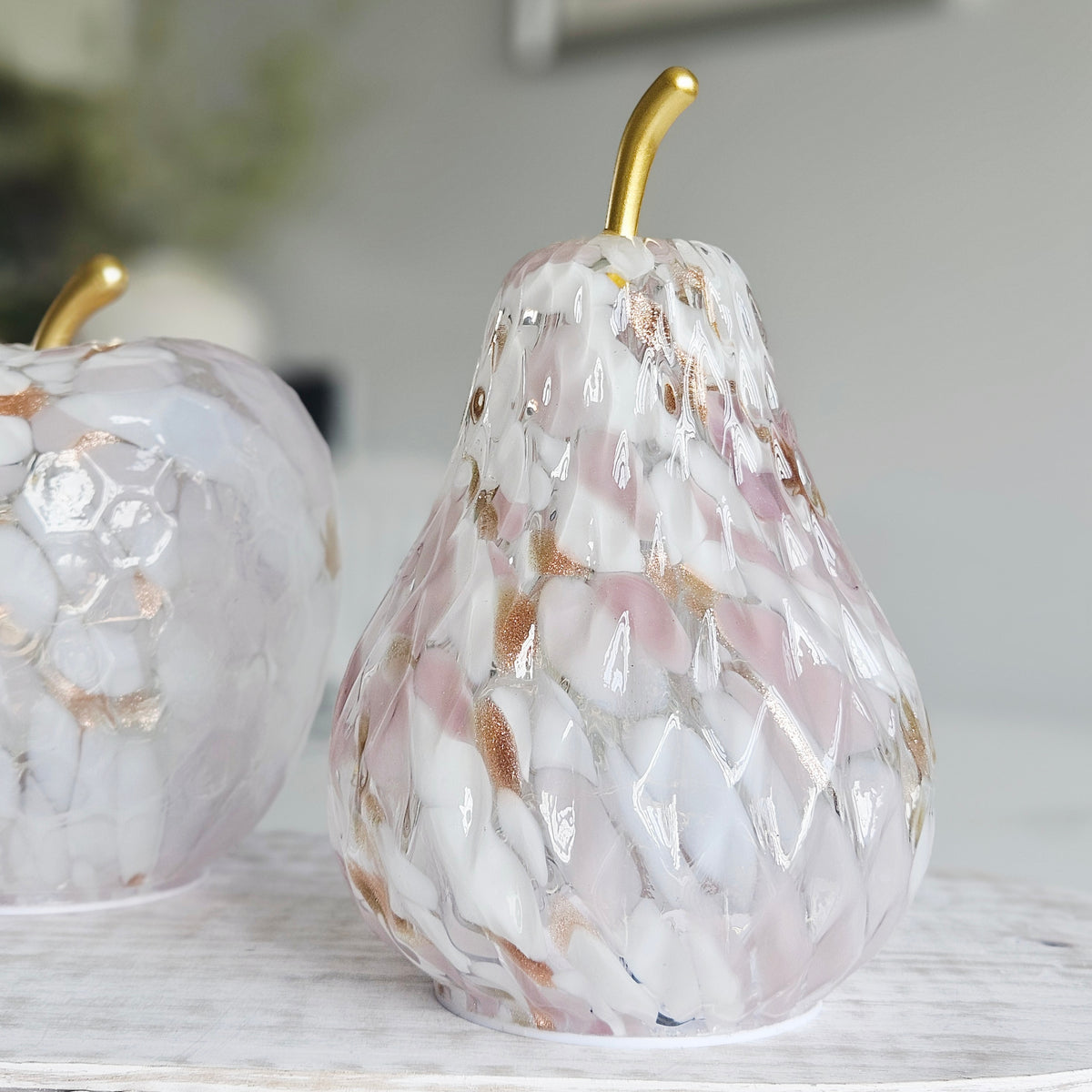 18cm LED pink spotted textured glass pear ornament with warm white lights and gold stem for elegant home décor