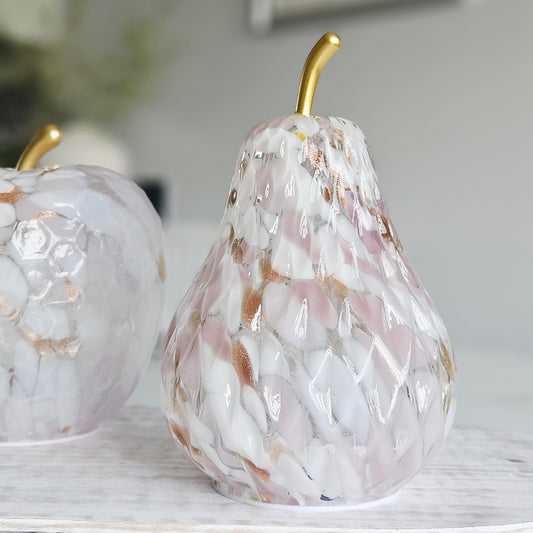 18cm LED pink spotted textured glass pear ornament with warm white lights and gold stem for elegant home décor