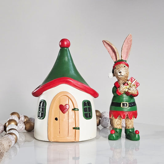 Decorative elf house ornament 13cm with green roof and red top