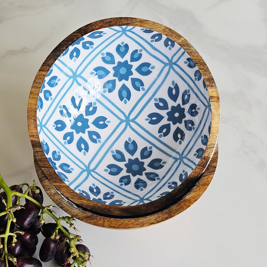 country living mango wood bowl with blue flowers design 17.5cm