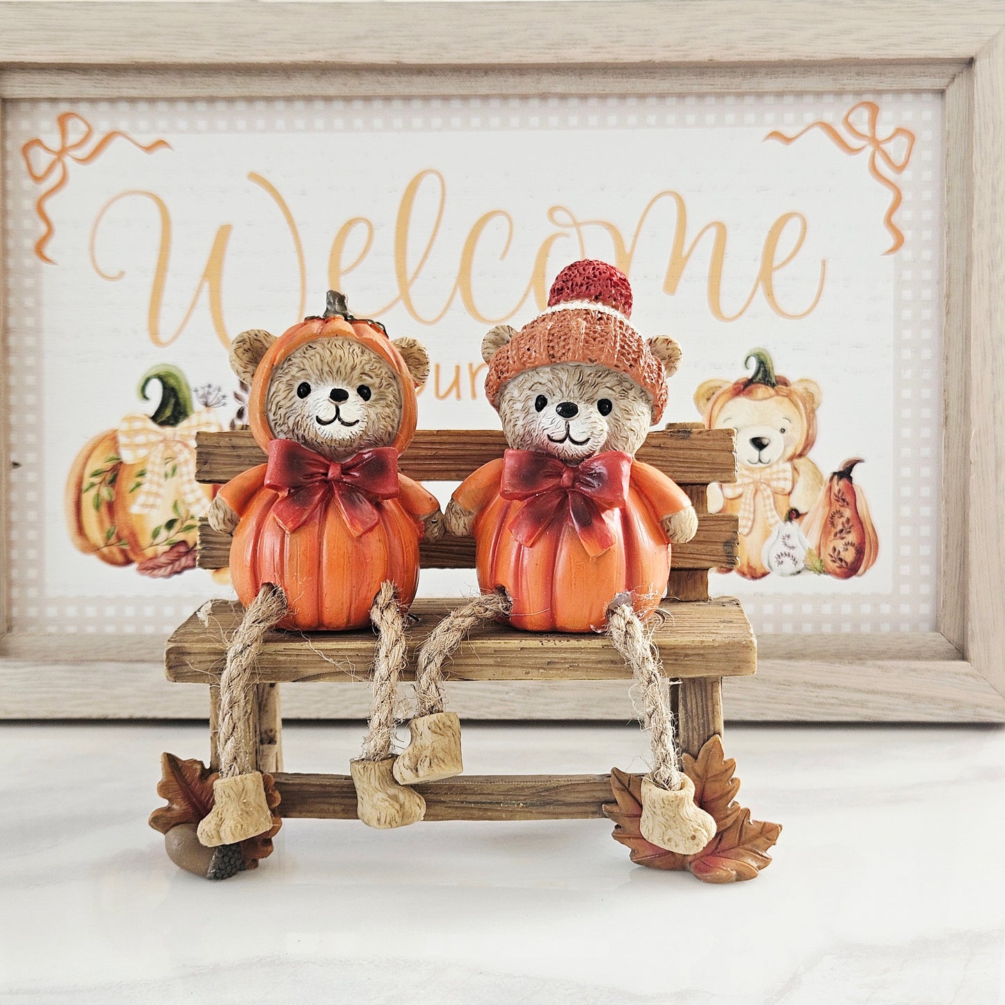 Harvest Home resin pumpkin bears sitting on bench ornament, cute woodland autumn decoration for farmhouse Halloween and Thanksgiving home décor.