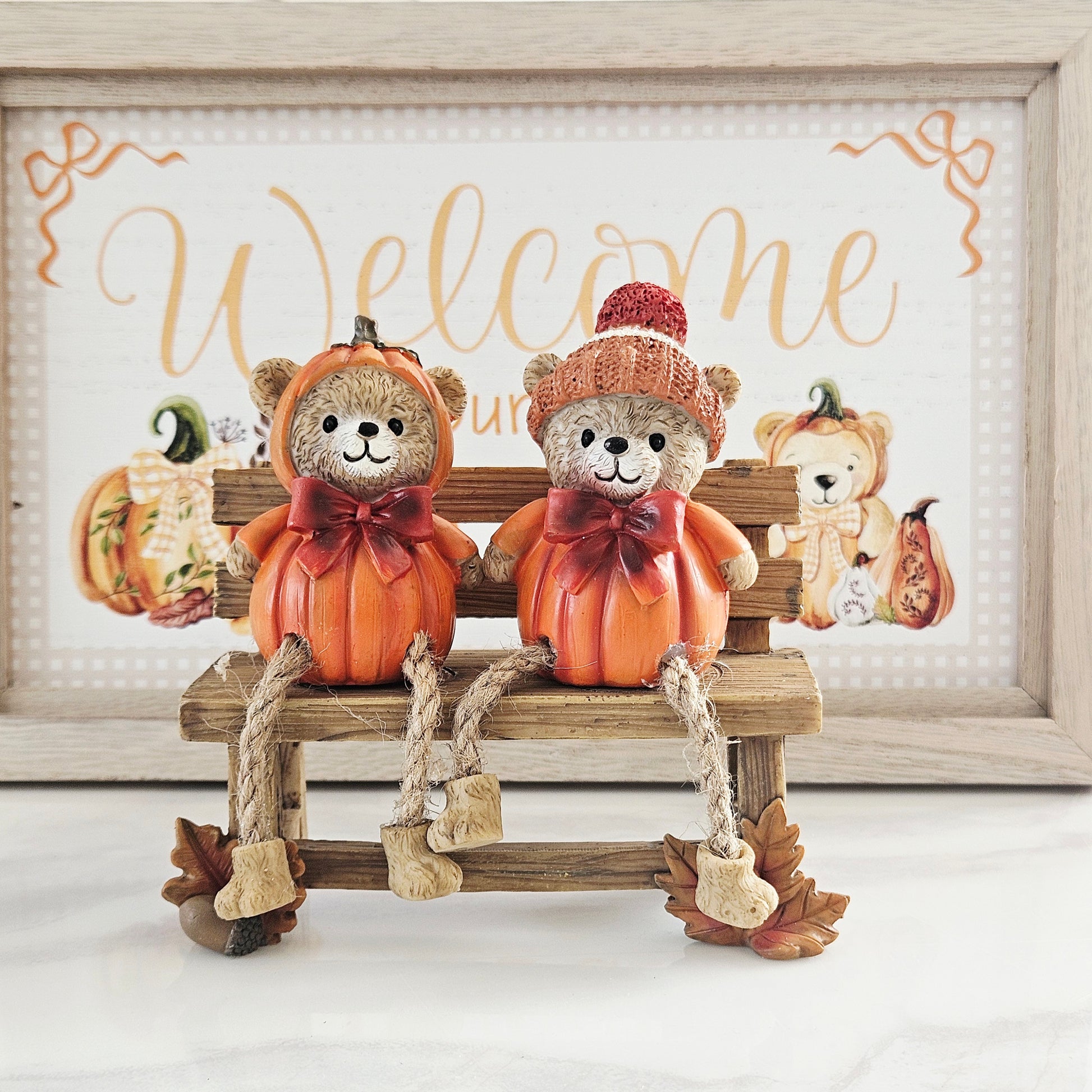 Harvest Home resin pumpkin bears sitting on bench ornament, cute woodland autumn decoration for farmhouse Halloween and Thanksgiving home décor.