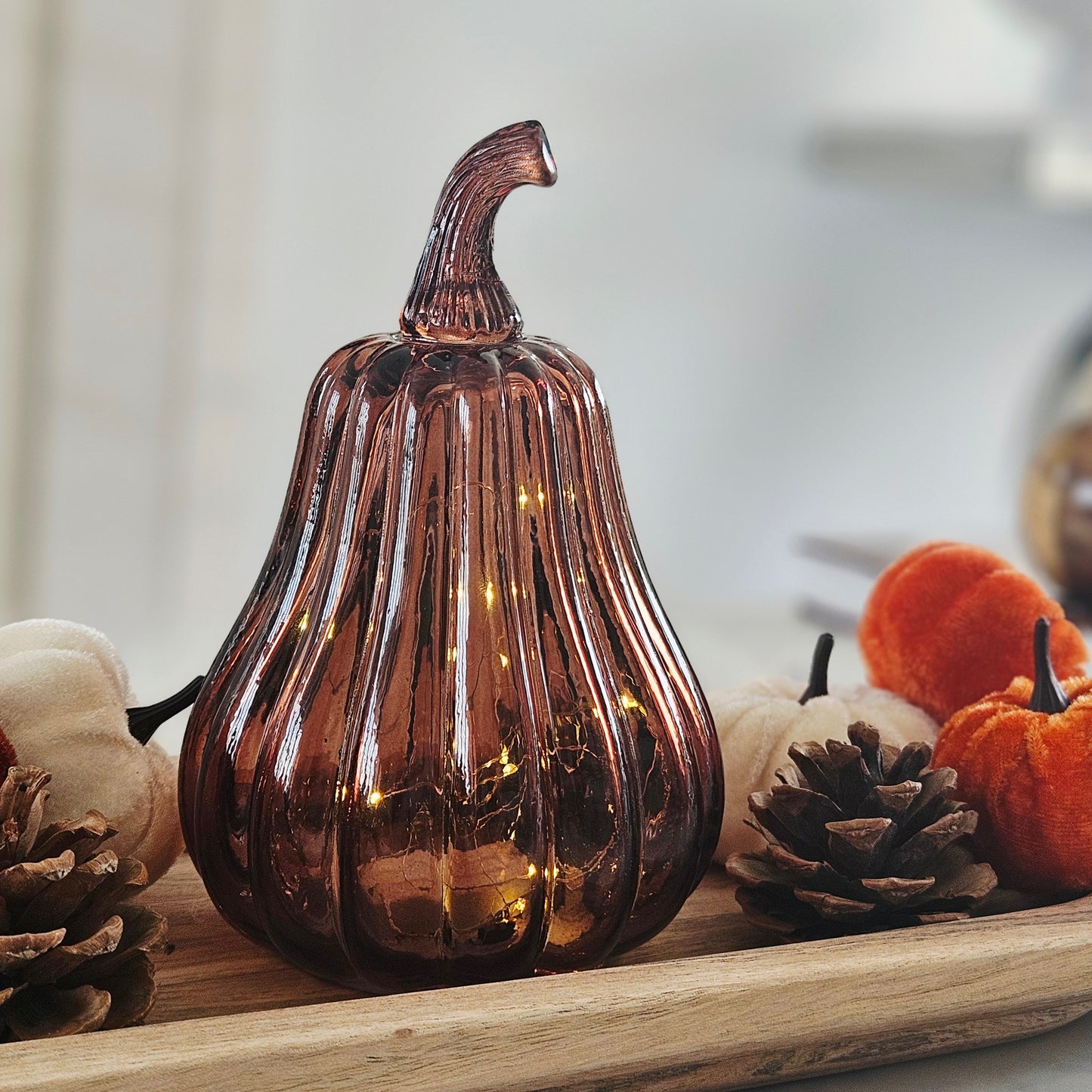 Tall Orange LED Glass Pumpkin Decoration | Elegant Light Up Autumn Pumpkin Ornament