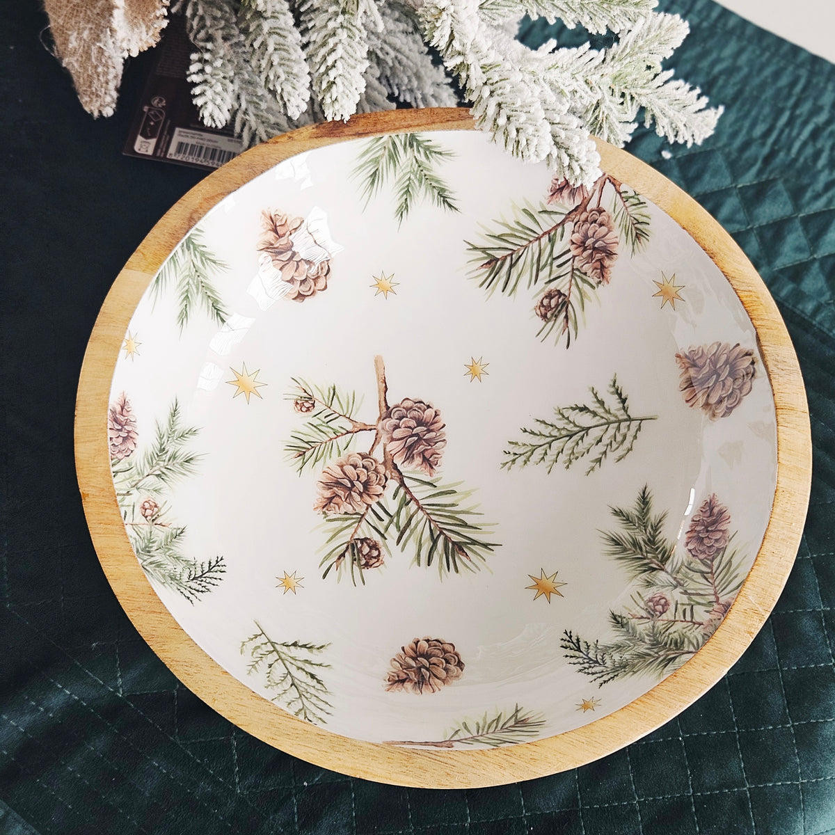 Evergreen fir and pinecone mango wood and enamel bowl 25cm