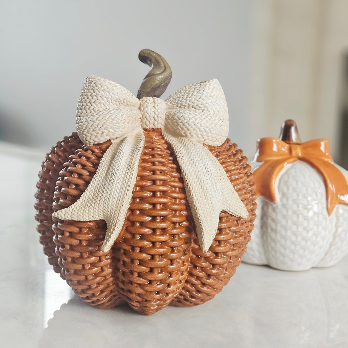 Rattan Style Pumpkin With Bow | Autumn Home Décor