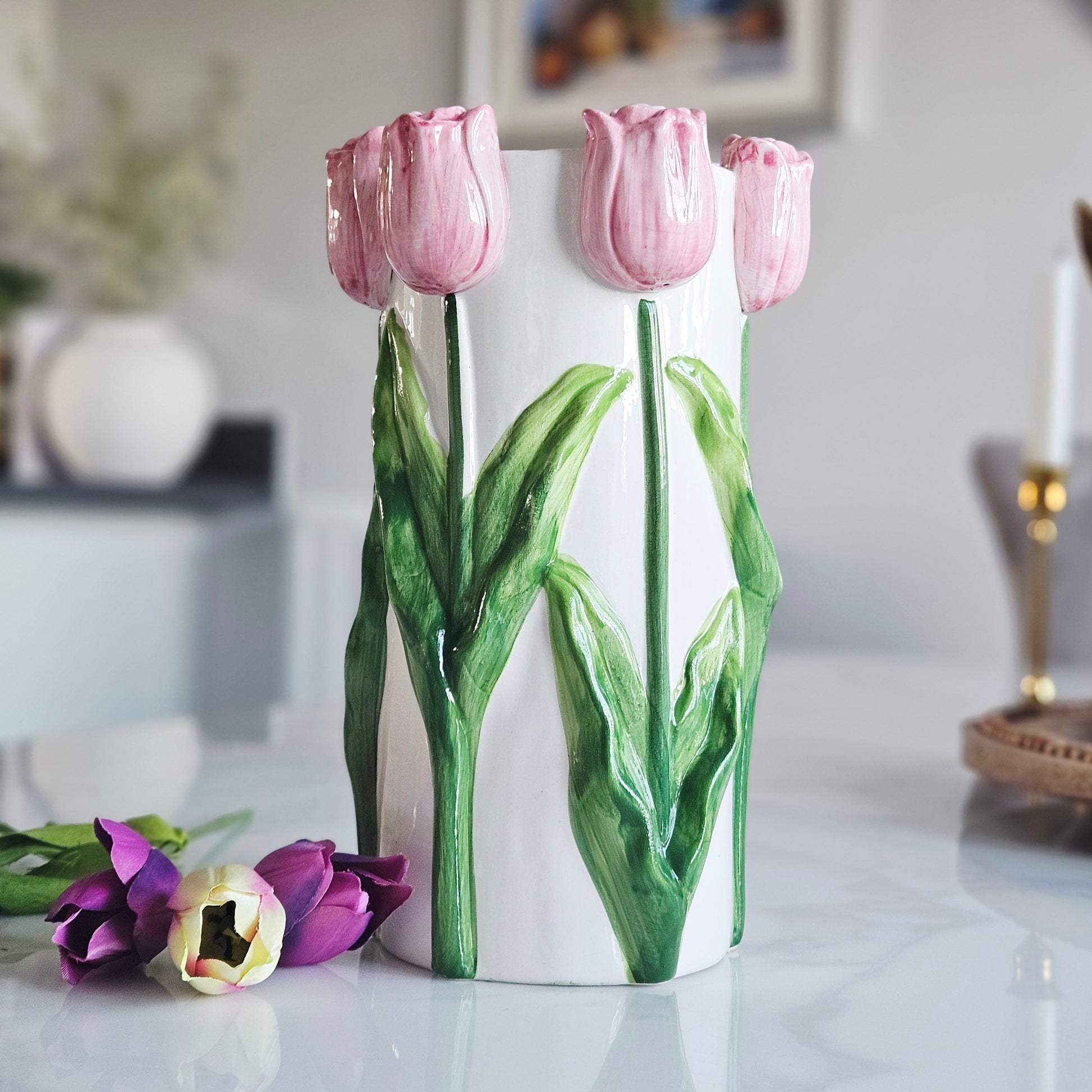 decorative tulip vase with pink tulips 3d effect 