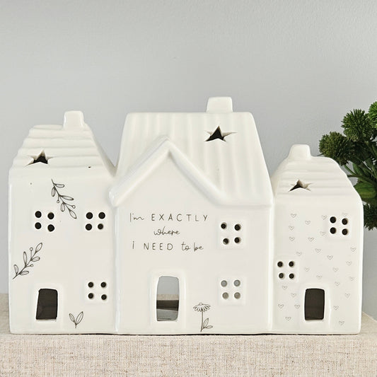 Decorative house-shaped ceramic tea light house with I'm exactly where I need to be wording and flower detail