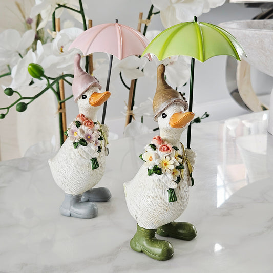 Two decorative ducks with umbrellas pink and green 20cm