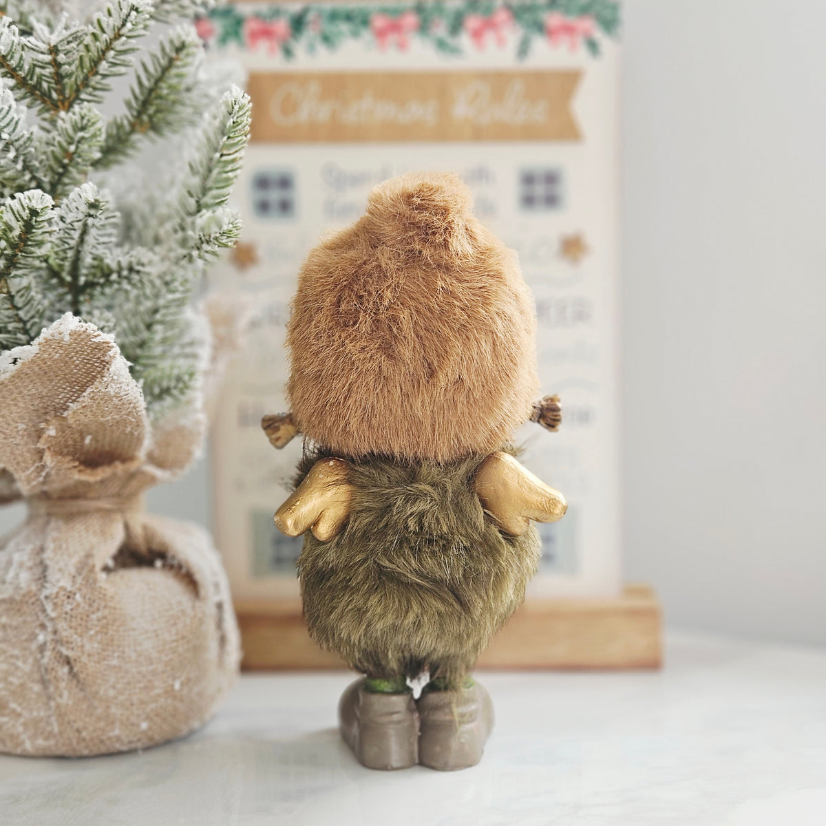 Standing Resin Girl Christmas Ornament with Faux Fur Hat & Gold Heart