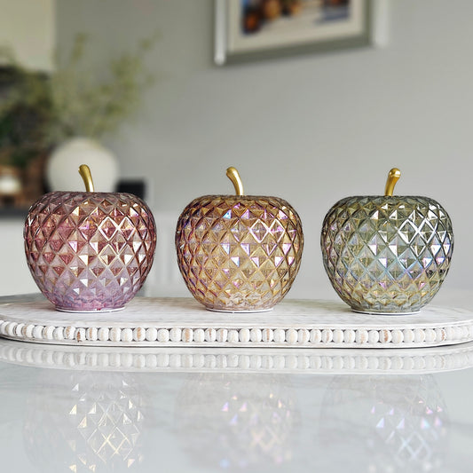 14cm LED textured glass apple ornament with warm lights in assorted colours for elegant home décor