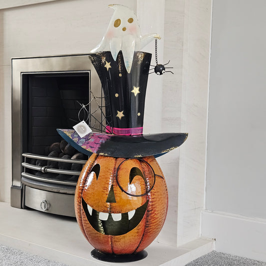 Halloween-themed decoration with a pumpkin, ghost, and top hat made from metal and a spider 72cm