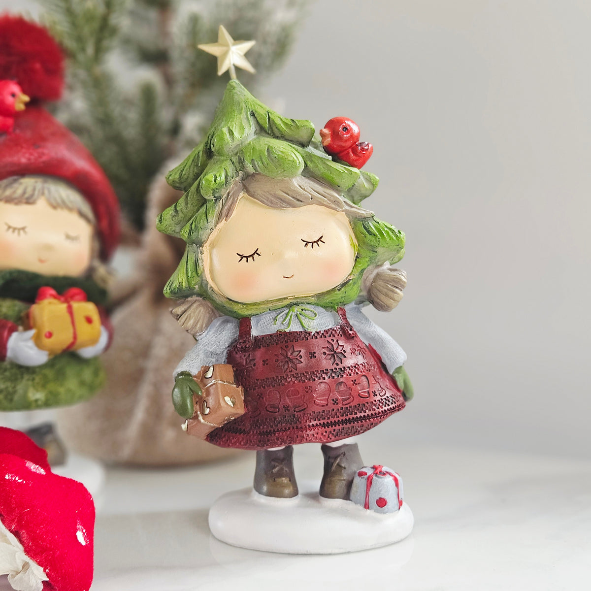 Woodland Noel standing resin Christmas girl in red dress with Christmas tree hat
