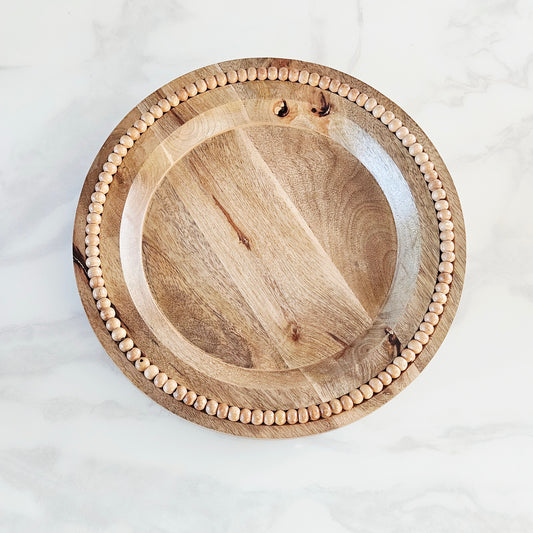 round wooden beaded tray with a rise 30cm
