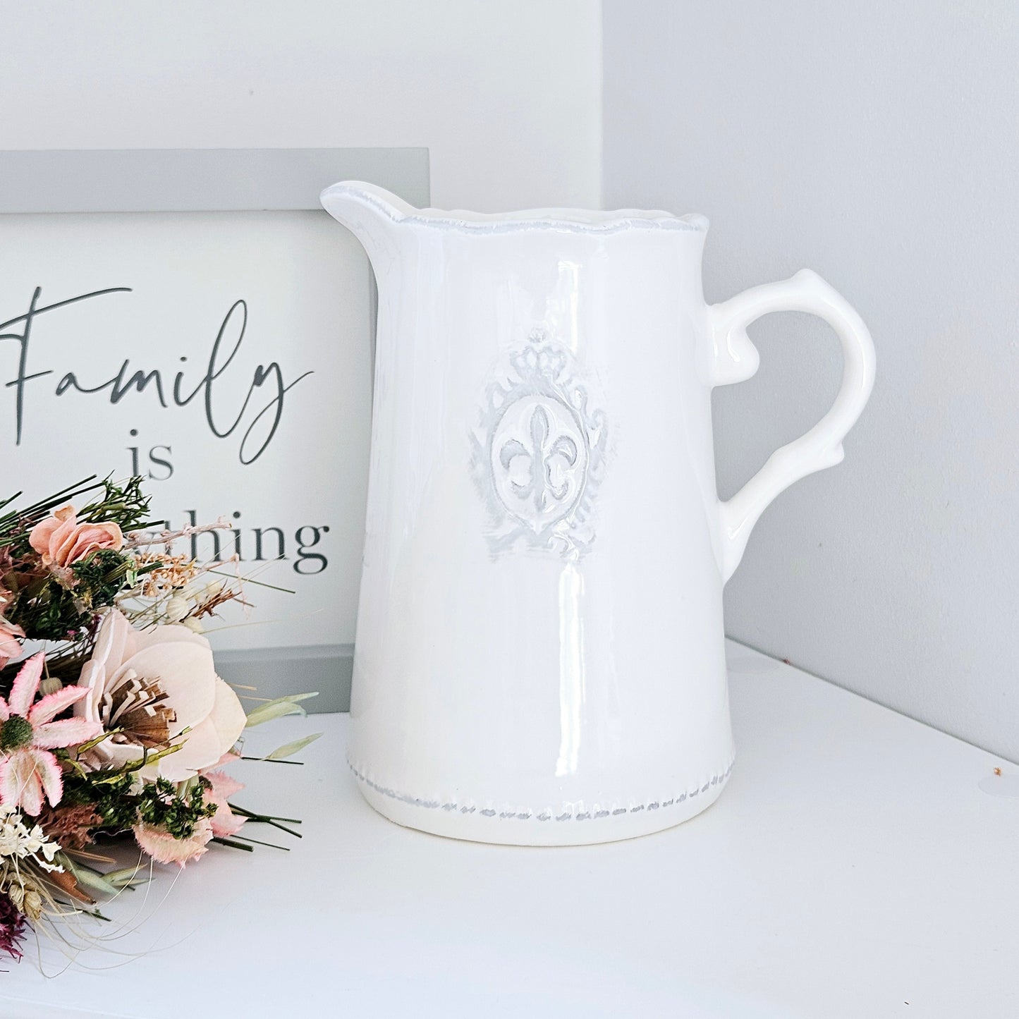 Ceramic White Fleur De Lis Jug