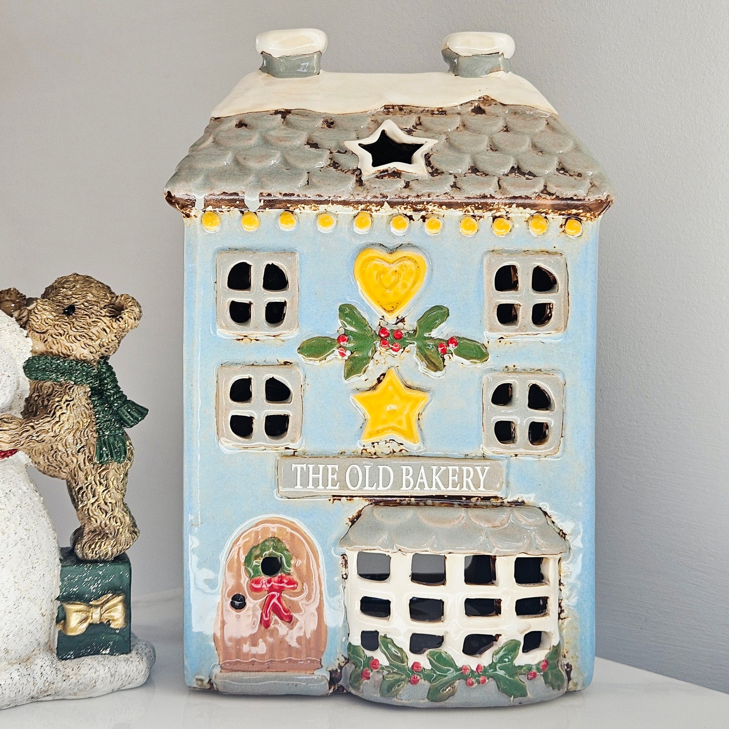 Christmas Market Old Bakery Shop stoneware candle holder blue and yellow