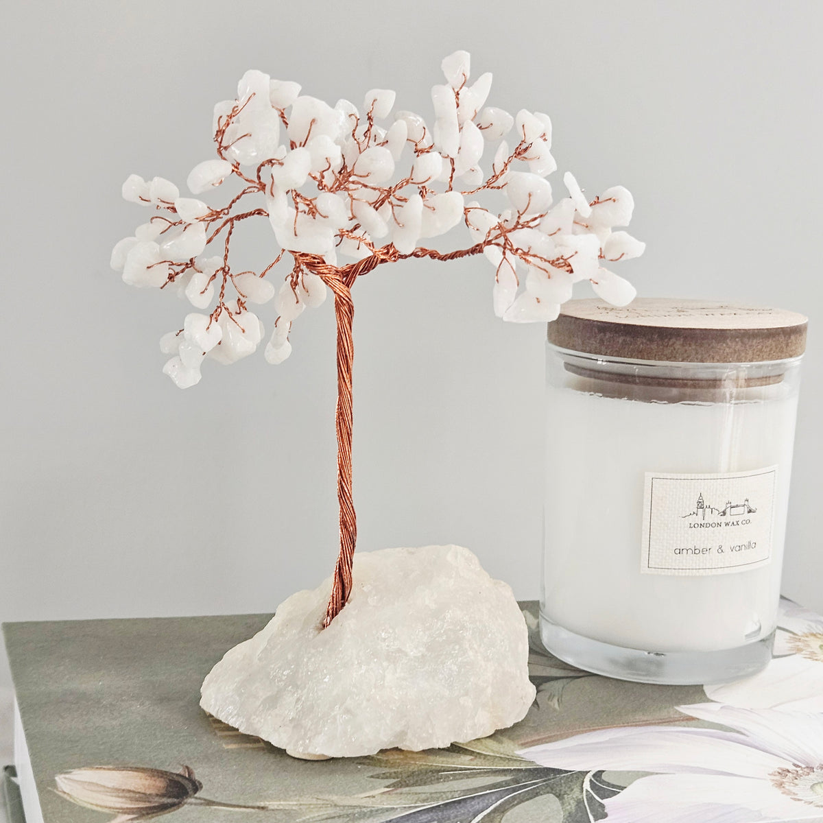 White jade gemstone tree with 100 crystals and quartz base