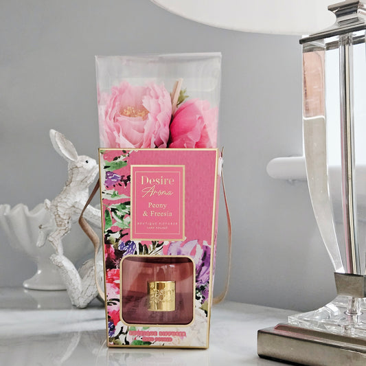 peony and freesia diffuser with big flowers in a bag styled packaging