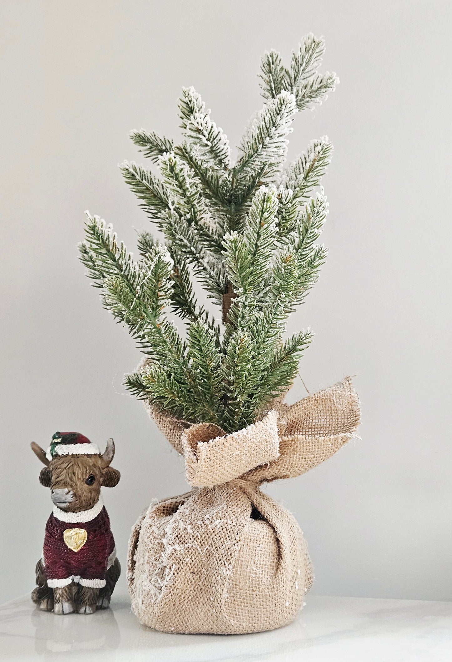 A small frosted evergreen tree wrapped in a burlap sack with a bow, 40cm