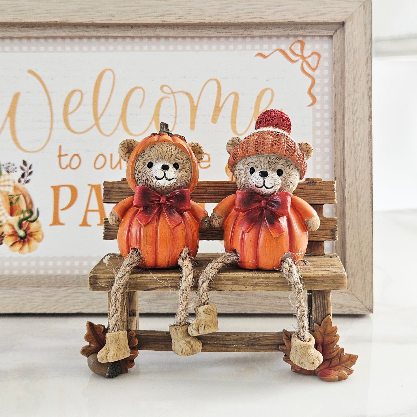 Resin Pumpkin Bears Sitting on Bench Ornament | Autumn Woodland Decoration