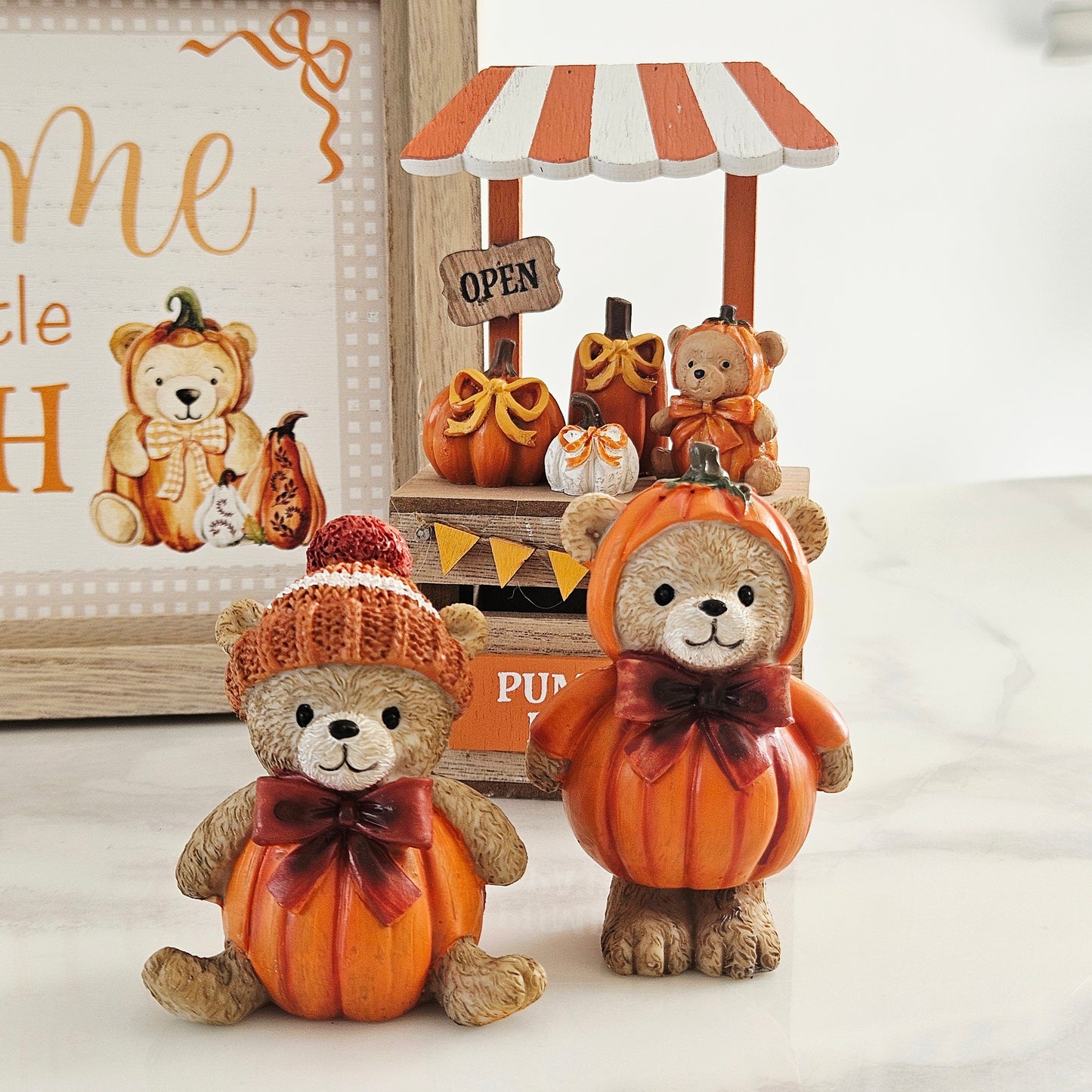Resin Pumpkin Bear Set Of 2 Ornament – Autumn Woodland Decoration