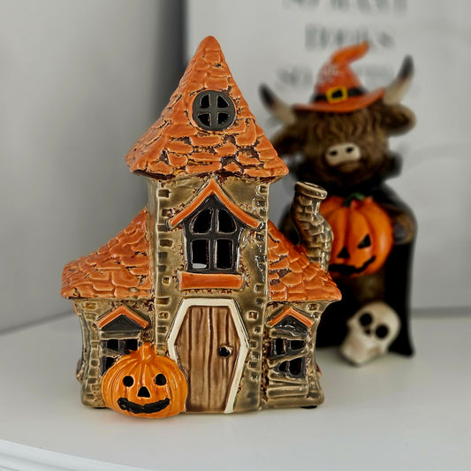 Halloween ceramic haunted house tealight holder 19.5cm handpainted 
