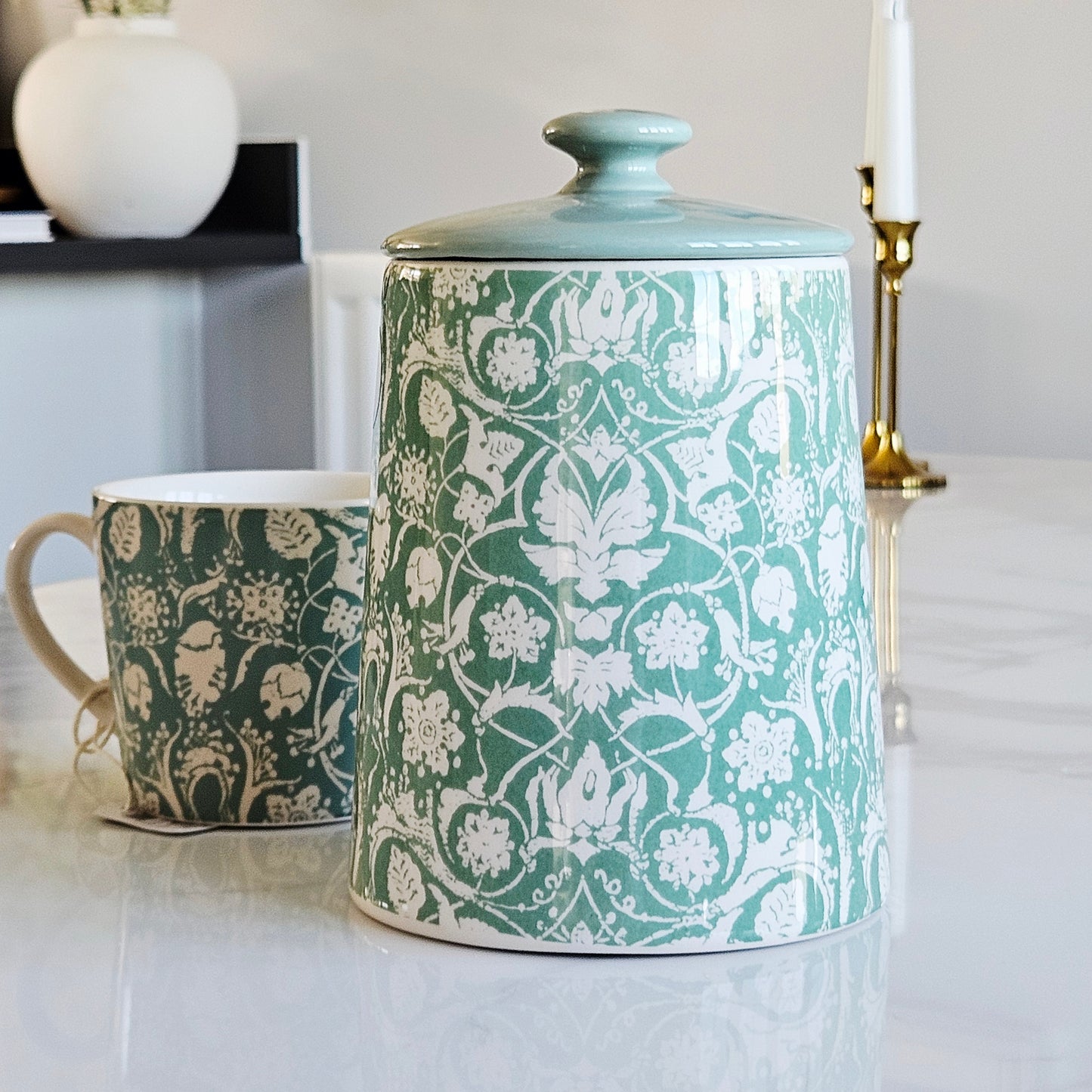 Ceramic jar sage green jacquard Jeff Banks home storage