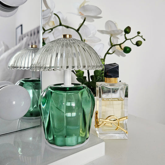 Green glass lamp vintage small battery operated with ribbed shade