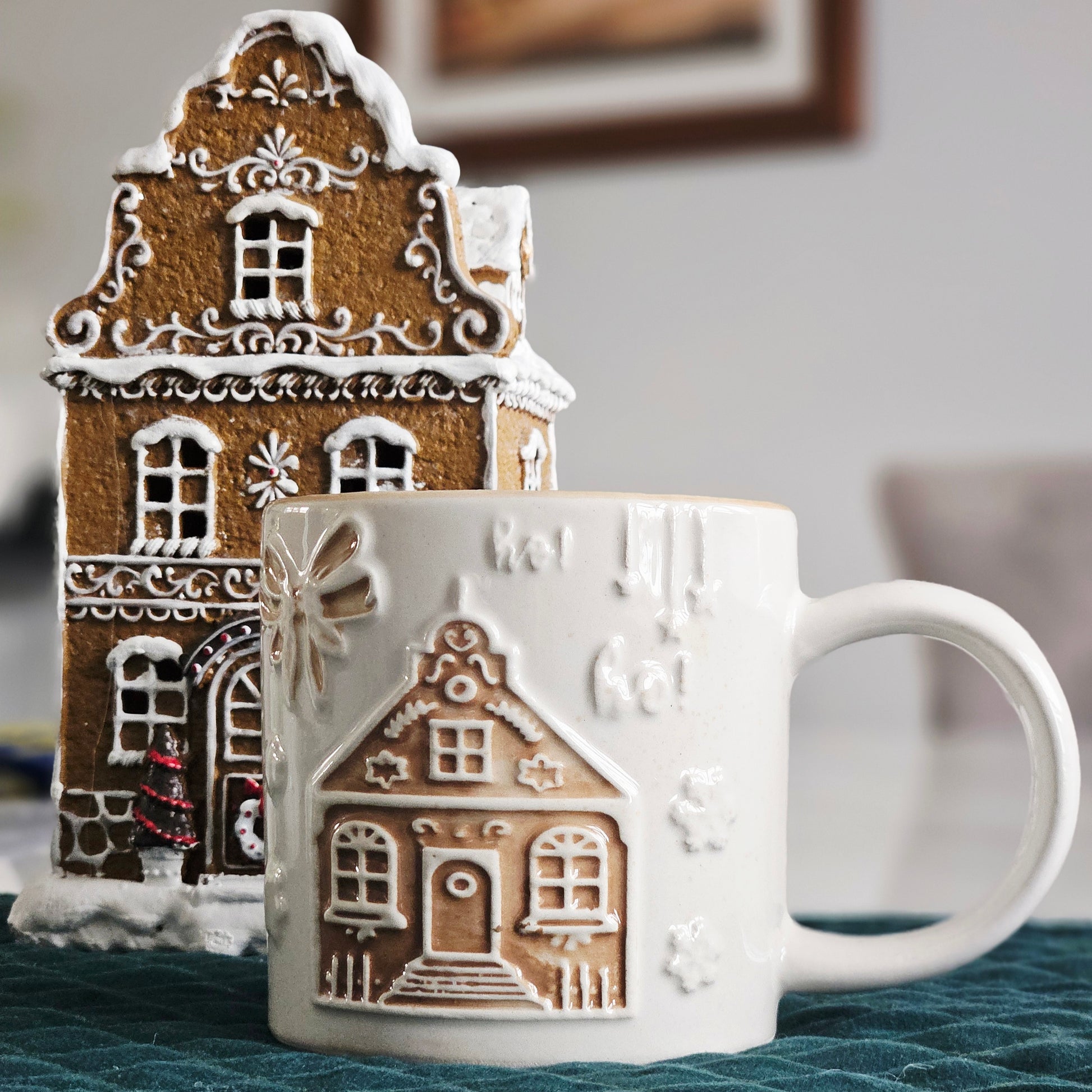 gingerbread house mug with ho ho ho and brown bow