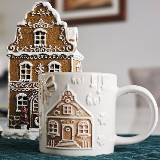 gingerbread house mug with ho ho ho and brown bow