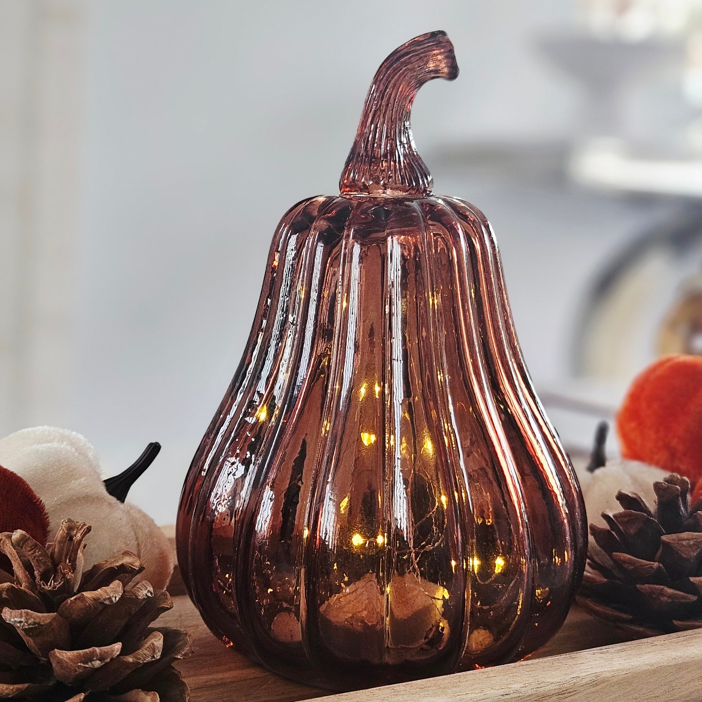 Tall Orange LED Glass Pumpkin Decoration | Elegant Light Up Autumn Pumpkin Ornament