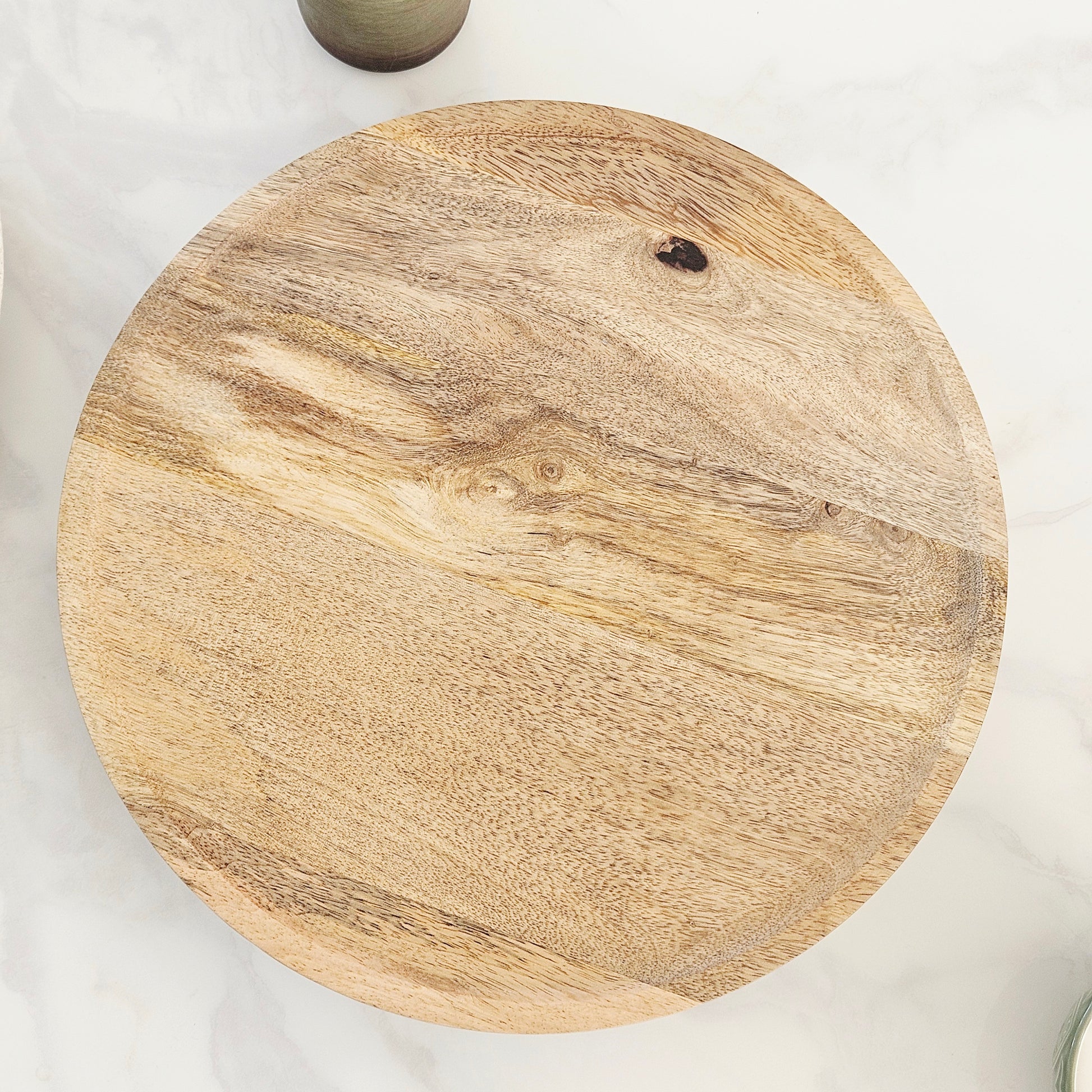 round large wooden styling tray with four feet and surface protectors 35cm