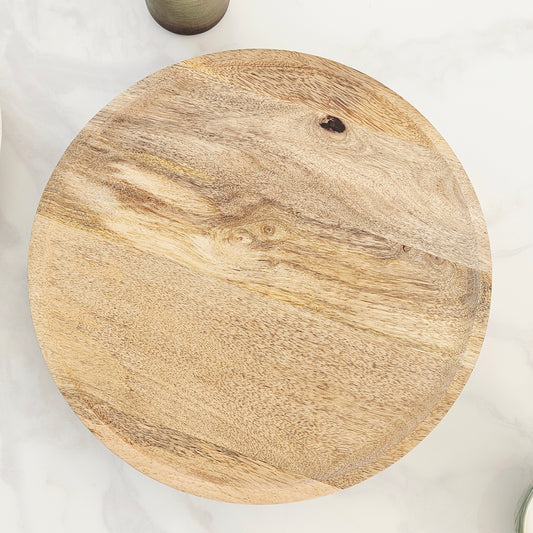 round large wooden styling tray with four feet and surface protectors 35cm