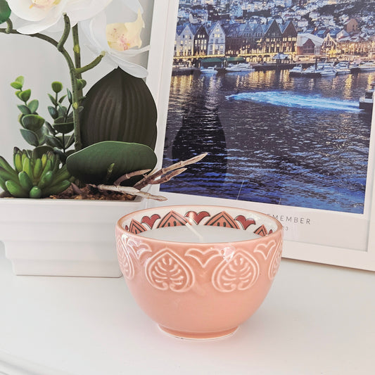 terracotta meze candle in peachy coloured pot 10cm