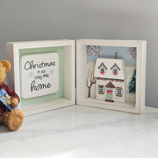 Holly Cottage set of 3D wooden Christmas hinged plaques