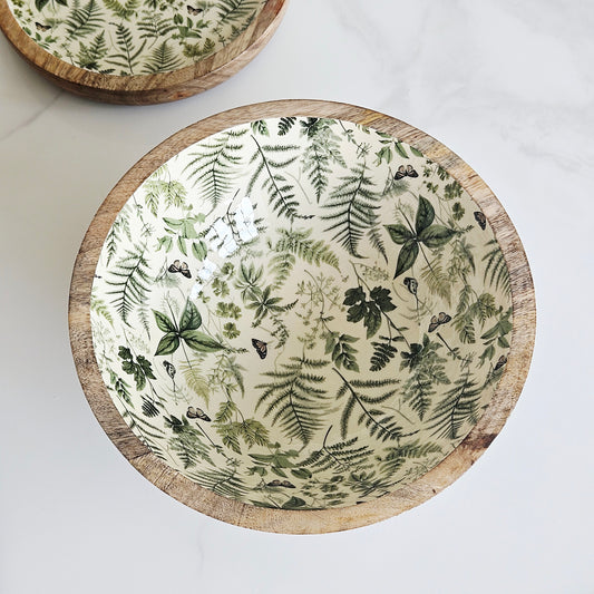 fern enamel designed mango wood bowl 