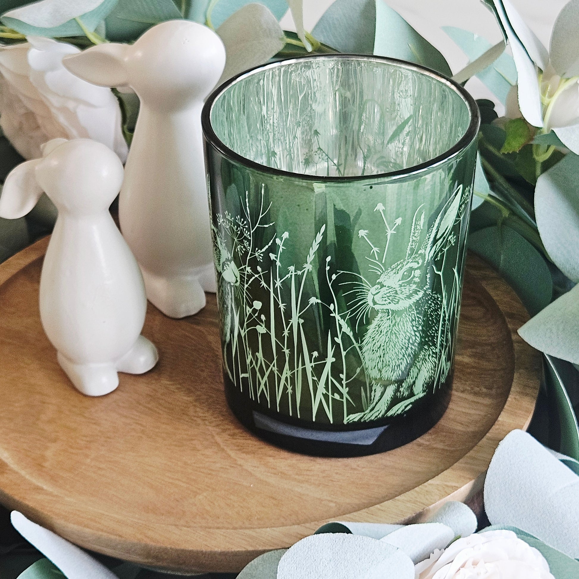 Decorative candle holder with rabbit design green glass 12.5cm