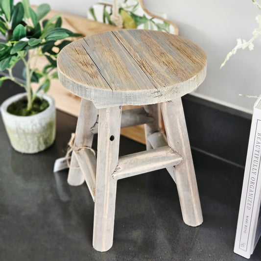 Wooden stool with a distressed finish recycled wood 
