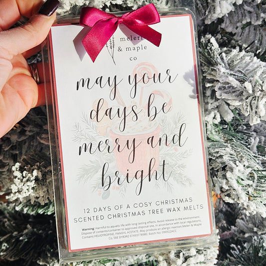 Christmas wax melts in shapes of xmas trees and glitter card with red ribbon 