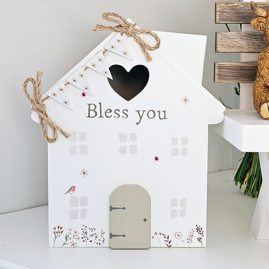 White wood House Tissue Holder With Bunting and robin 22cm Bless you font