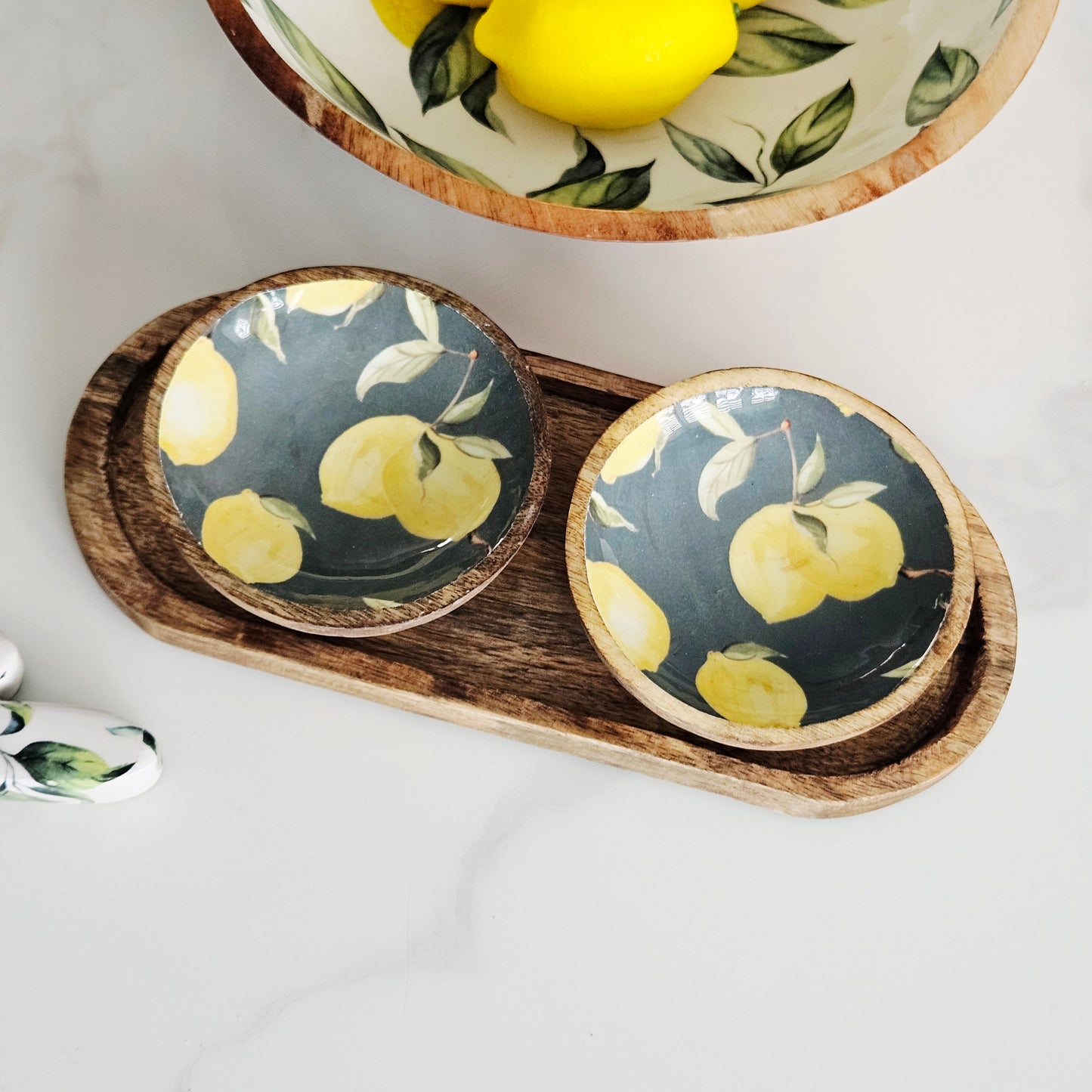 Sicilian orchard lemon mango wood dipping bowl on a mango wood tray