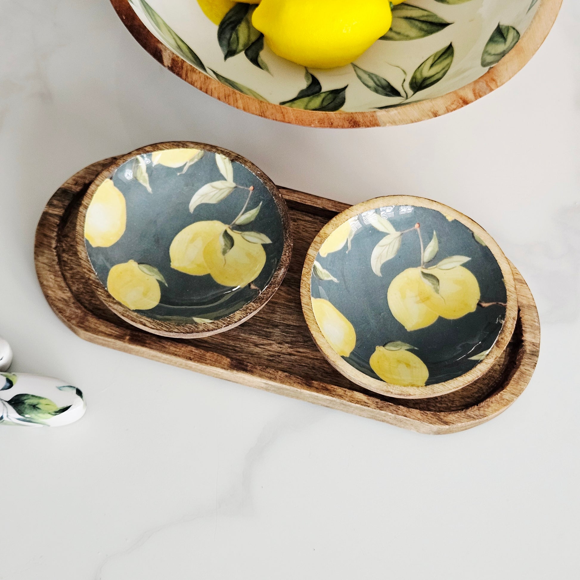 Sicilian orchard lemon mango wood dipping bowl on a mango wood tray
