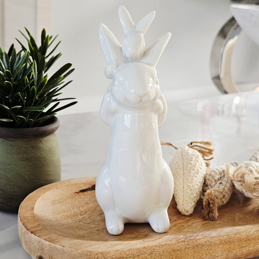 bunny decoration with a baby bunny on its shoulders in white porcelain 16.5cm