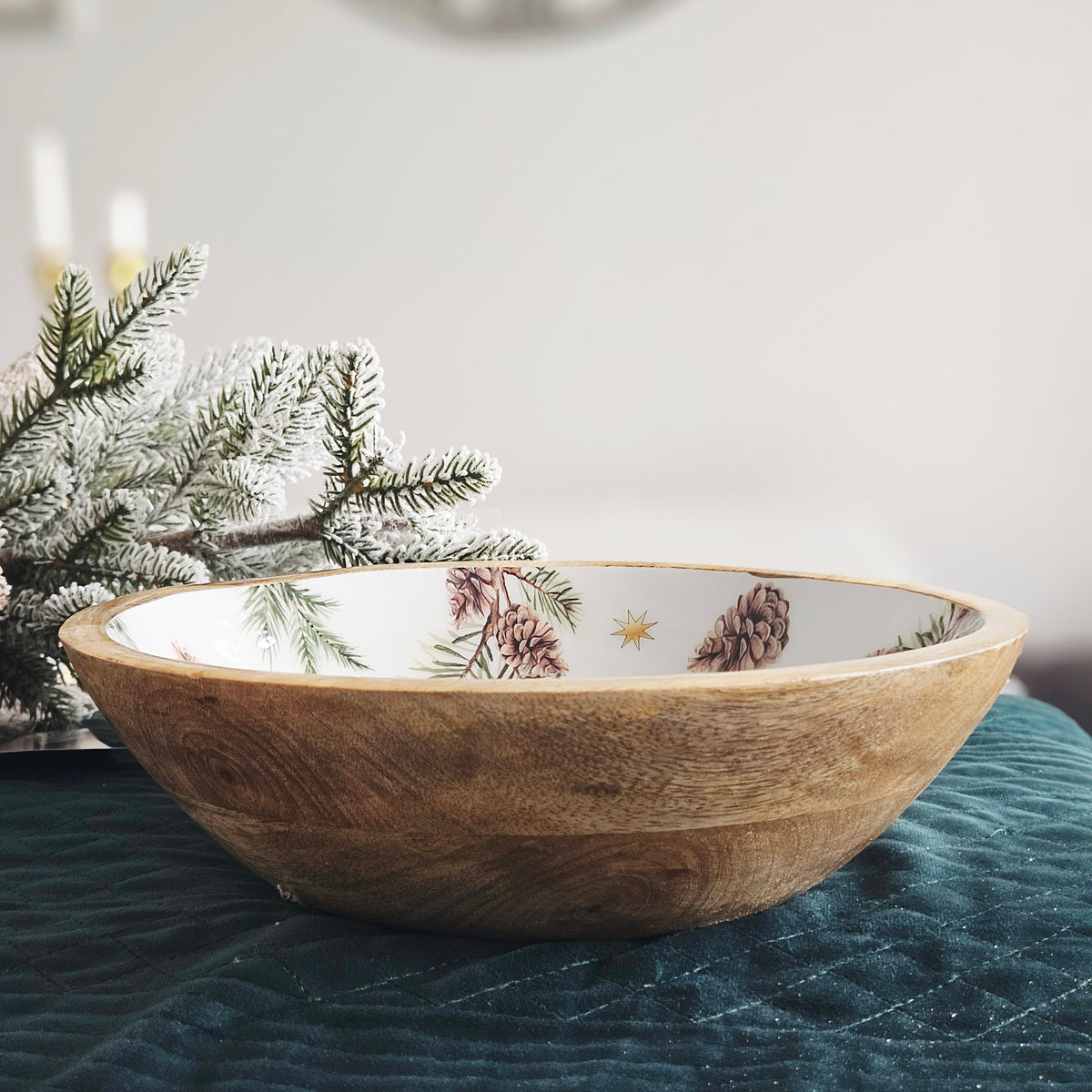 Evergreen Fir & Pinecone Mango Wood- Rustic Christmas Bowl