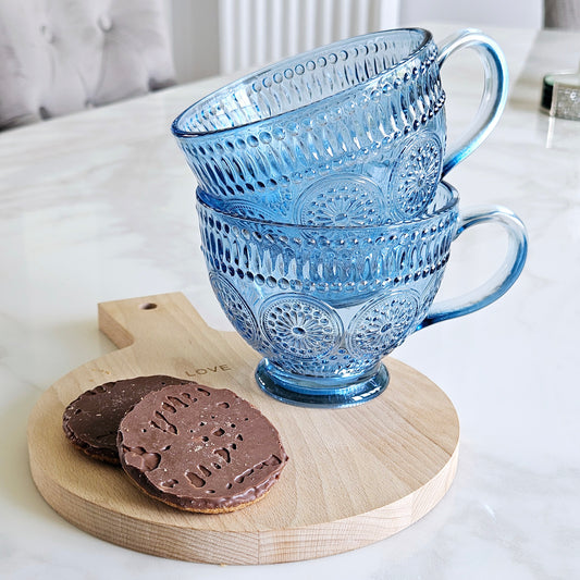 pressed blue glass mug vintage style with circle patterns set of 2