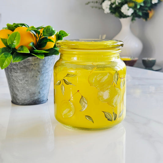 Yellow glass candle  jar with lemon design Sicilian orchard 