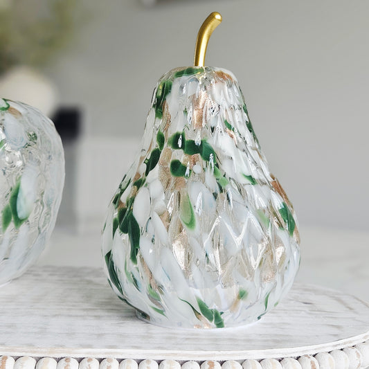 18cm LED green spotted textured glass pear ornament with warm white lights and gold stem for elegant home décor