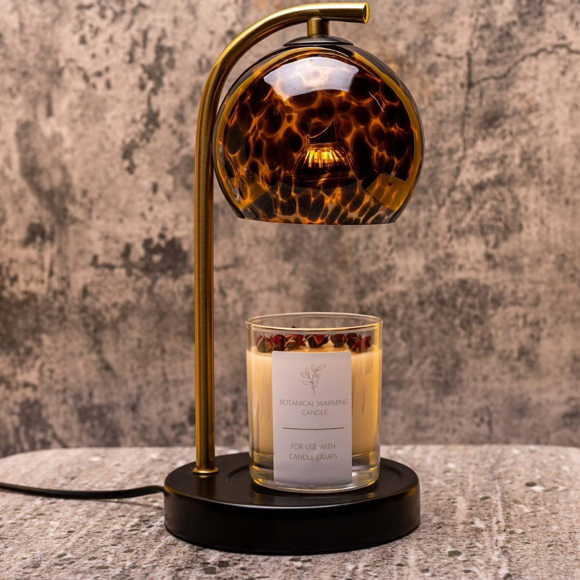Decorative candle warmer lamp with tortoiseshell shade gold and black stem and base