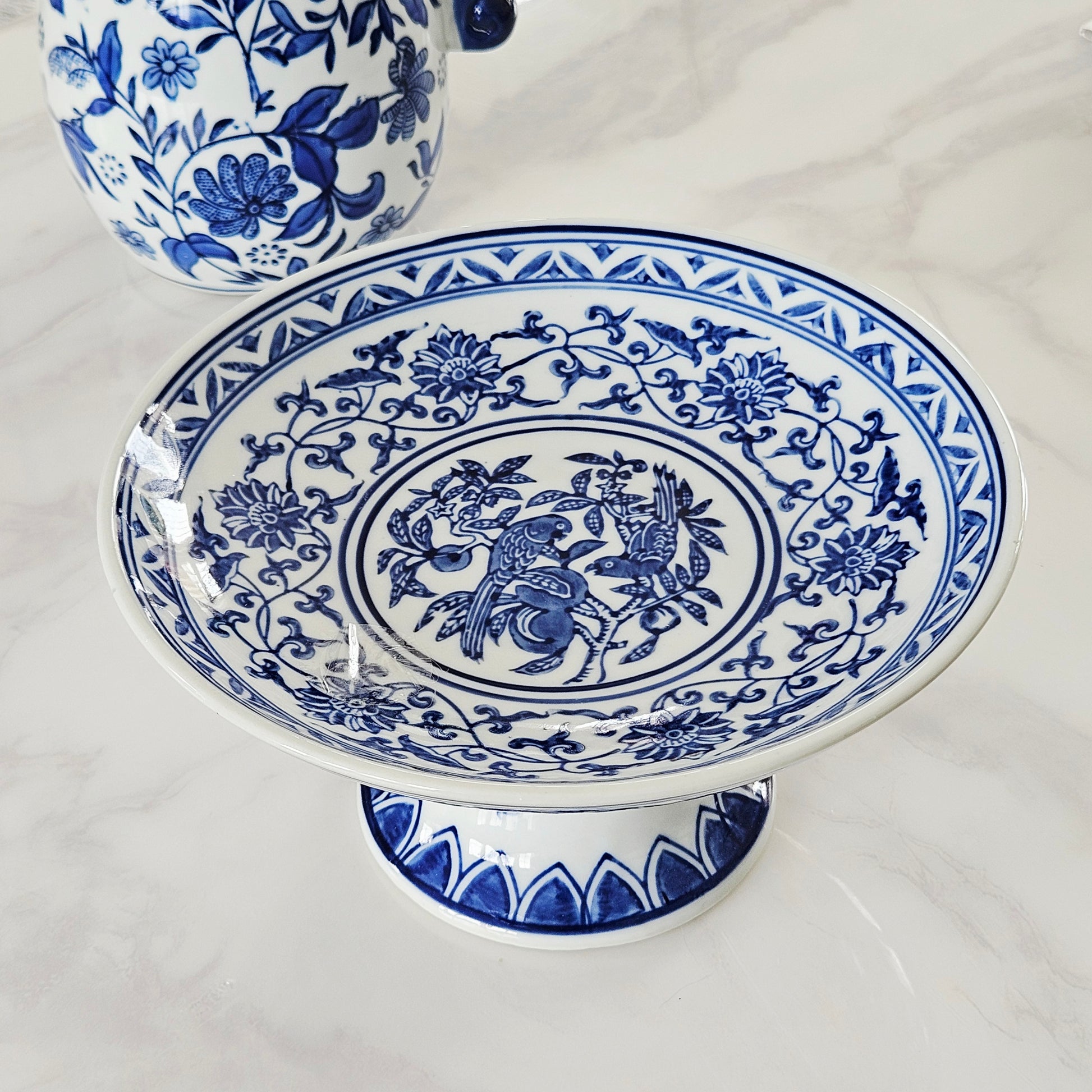Sumatra Blue & White Cake Stand 8" with birds