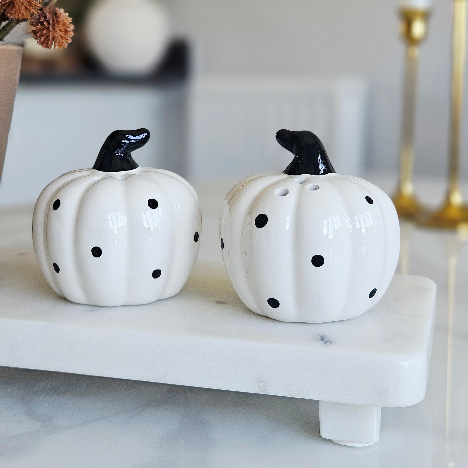 Monochrome pumpkin salt and pepper shaker set in black and white ceramic for Halloween kitchen and table décor.