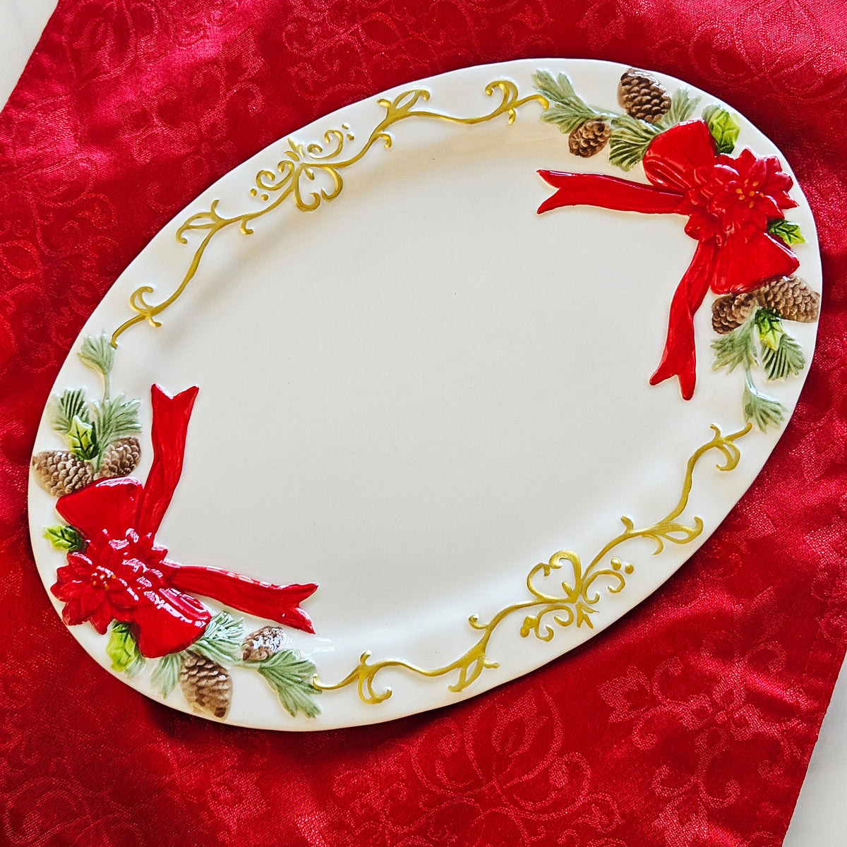 Poinsettia Christmas serving platter ceramic red and white design